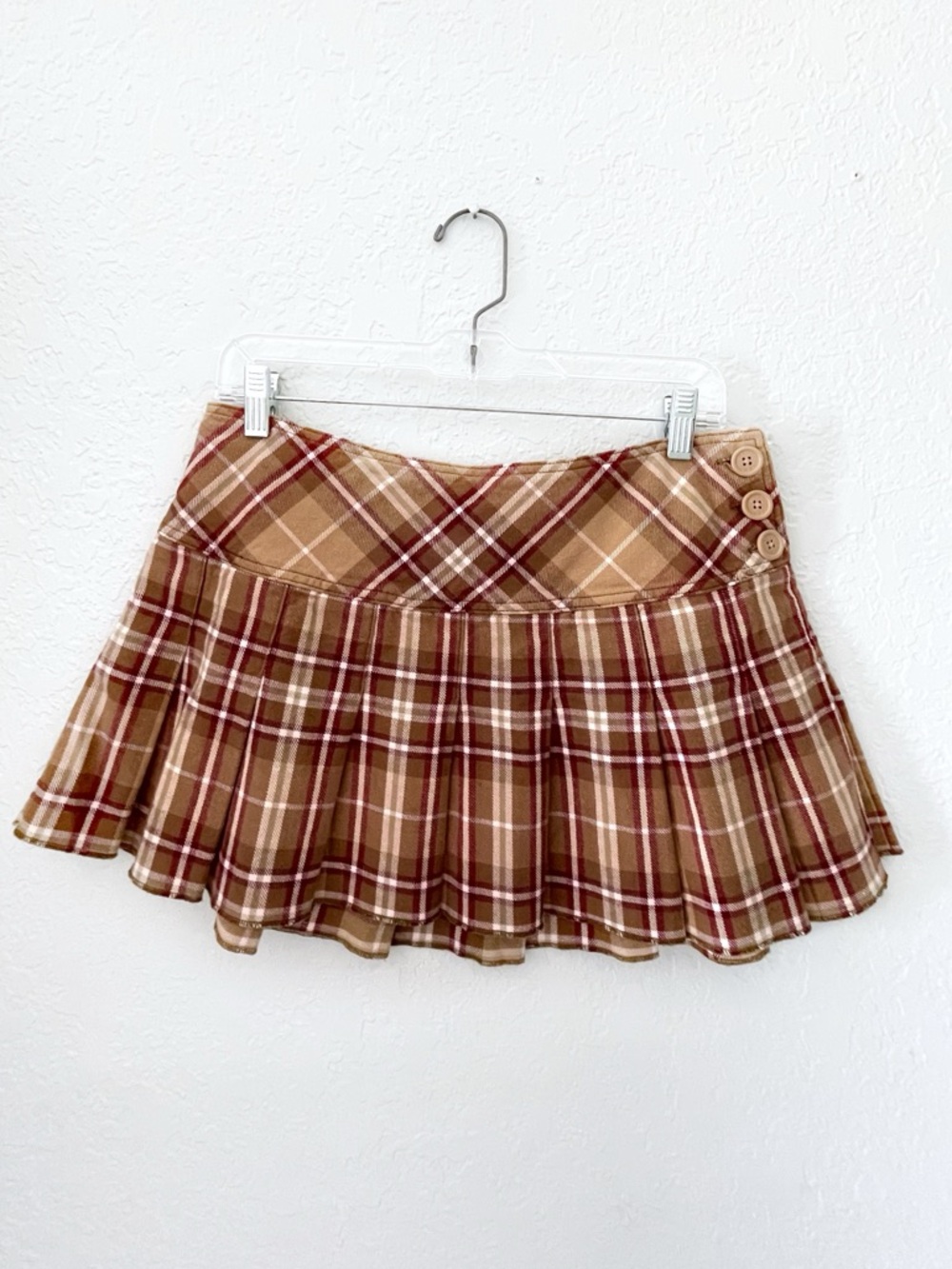 Aeropostale Y2K Vintage Brown Plaid Pleated Skater Skirt with Side Buttons